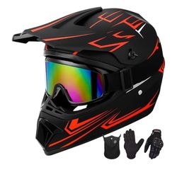 Youth Kids Motocross Helmet Motorcycle Dirt Bike Off-Road Mountain Bike BMX MX ATV Helmet with (Gloves Goggles Mask) 4Pcs Set - DOT Approved (Red,L)