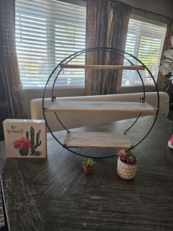 Wall Decor Shelf With Cactus Picture And Mini Cactuses