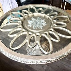 56”Round Wood Dining Table With Glass Top 