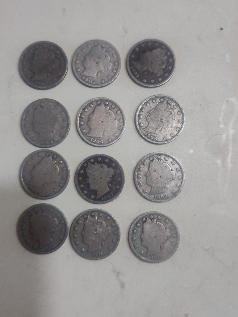 Lot Of 12 Liberty V Nickels Early 1900's Very Fine Condition