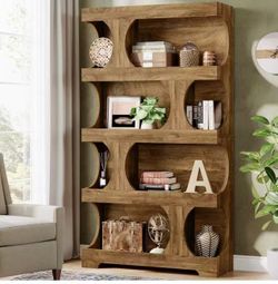 New assembled JW1050 71" Tall Bookcase, 4-Tier S-Shaped Bookshelf, Wood Decorative Storage Shelving, Modern Freestanding Display Shelves, Large Librar