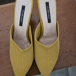 yellow mesh pointed-toe heeled mules