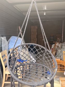 Hammock Chair Hanging Macrame Swing with Hardware Kits, Grey Max 330 Lbs, Handmade Knitted Mesh Rope Swing Chair for Indoor, Outdoor, Bedroom, Patio,
