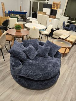 Large Round Swivel Accent Chair Blue Chenille