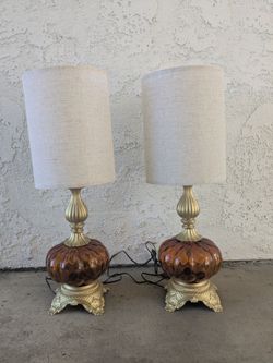 Pair of Vintage Amber Glass Table Lamps