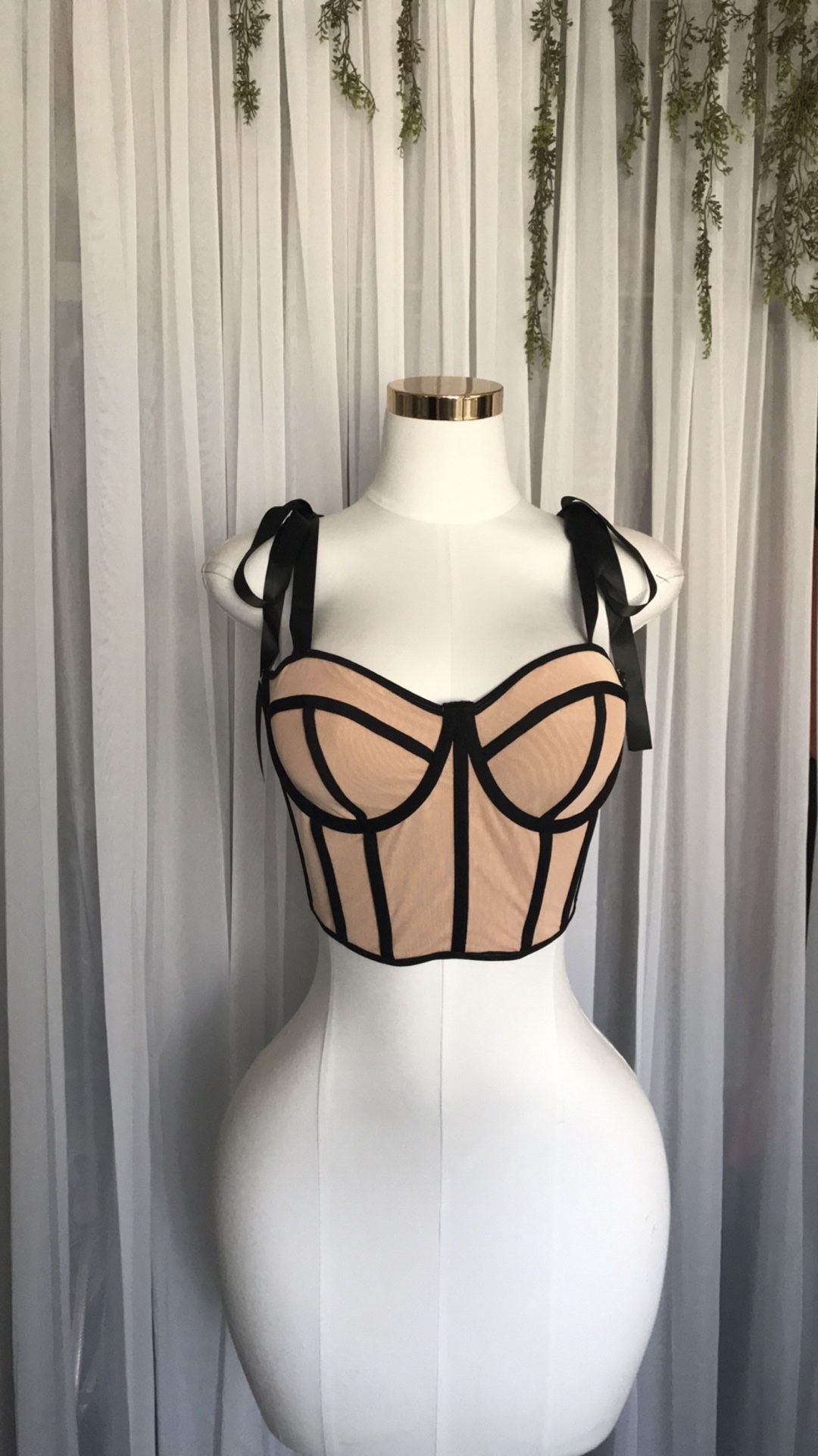 Nude Underwire Corset Crop Top With Black Trim Size M