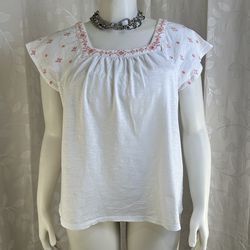Style & Co XL White Embroidered Peasant Top Boho Cottagecore Cotton square neck