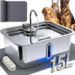 15L/4Gal Large Dog Water Fountain with Pet Feeding Mat & 3 Filters, Stainless Steel Pet Water Fountain for Dogs Cats, Dog Water Bowl Dispenser with Vi