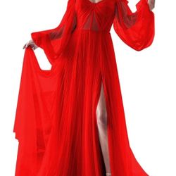 Red Long Sleeve Wedding Dress Plus Size Prom Dress 2024 Tulle Ball Gown Princess Formal Evening Gowns