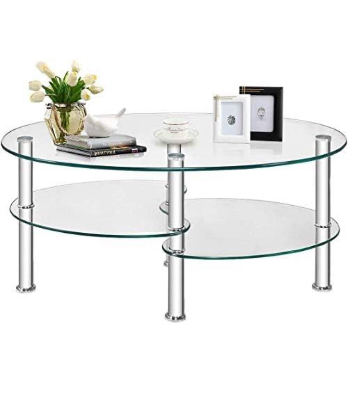 FANTASK Tempered Glass Coffee Table, Oval 3-Tier Steel Tea Table w/Spacious Glass Desk-Top, Open Storage Shelf, Modern End Side Table for Home Living