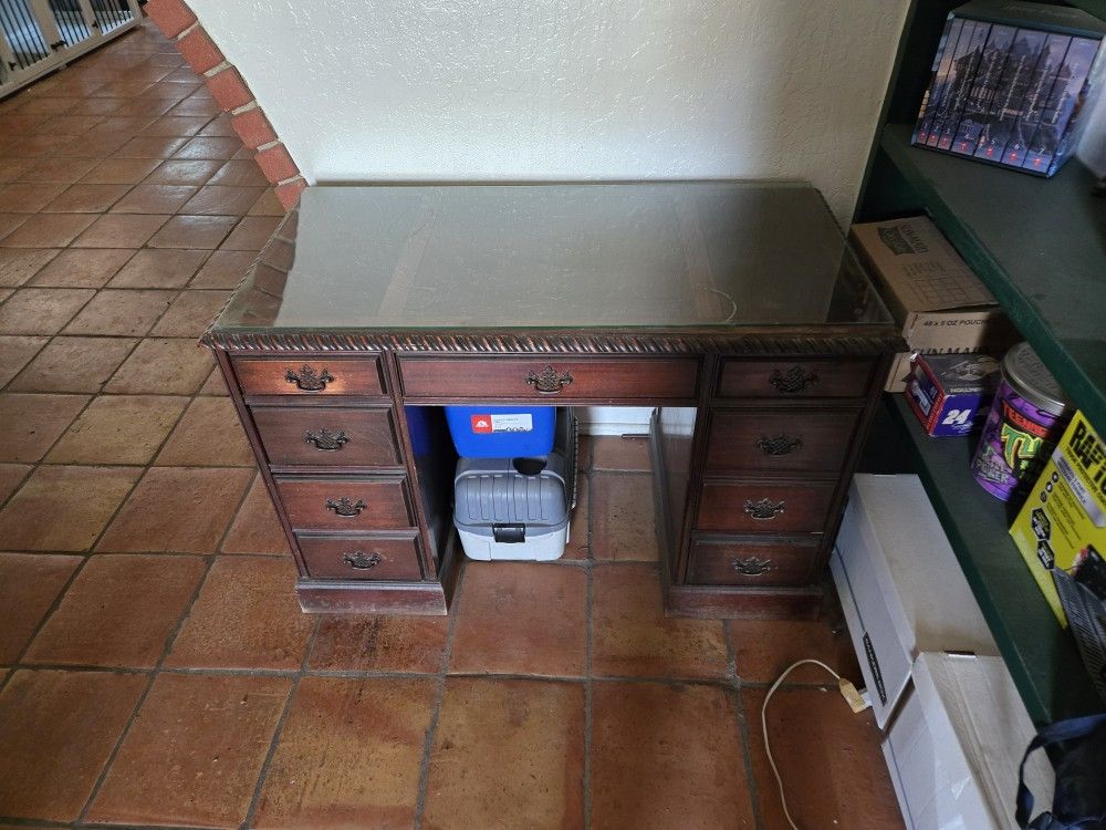 Vintage Mahogany Desk With Glass Top