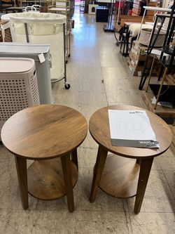 VASAGLE 2-Tier Small Round End Table Nightstand w/ Tapered Legs Set of 2- Honey Brown