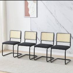 Mid-Century Rattan Dining Chair with Cane Backrest and Metal Frame Upholstered Fleece Seat Accent Chairs Armless Chairs with Metal Legs for Home Kitch