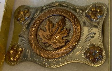 Vintage Metal Belt Buckle, Silver and Brass, Nice Leaf Design, Nice Design, 3 1/2" x 2 1/2", Heavy Duty, Quality, Thick Metal, For Belts, Fashion, She