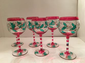 6 Hand Painted Holiday Wine glasses