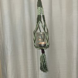 Handmade * GREEN / BROWN * Hanging Macrame Candle / Plant Holder * Glass Jar