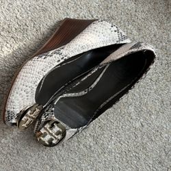 Tory Burch Snakeskin Peep Toe Wedges