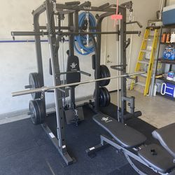 SMITH MACHINE/ PULLEY SYSTEM/ SQUAT RACK/ ADJUSTABLE BENCH/ BARBELL/ OLYMPIC BUMPER PLATES/ GYM EQUIPMENT/ FREE DELIVERY 🚚 