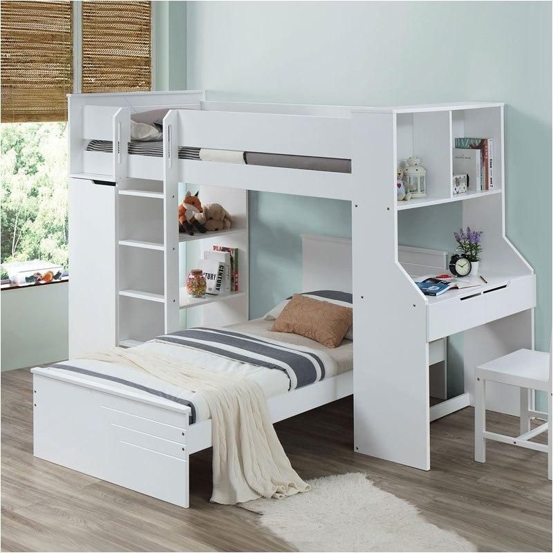 White Twin Loft Bed w/ Twin Bed & Desk & Wardrobe & Chair