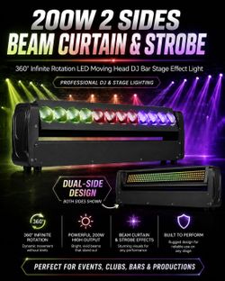 2 bars 200W 2 Sides Beam Curtain&Strobe 360°Infinite rotation LED Moving head DJ Bar Stage Effect Light