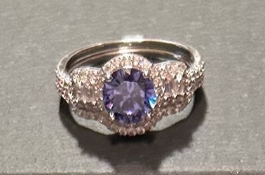 Blue and White Cubic Zirconia Sterling Silver Ring with Bands