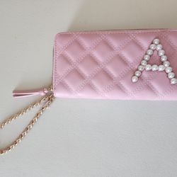 Claire's Pink Monogram Initial Letter A Wristlet Purse Faux Leather Pearl NWOT