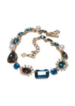 Oscar de la Renta Faux Pearl Blue Crystal Starburst Chain Collar Necklace
