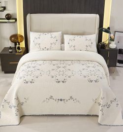 Vctops Twin Quilt Set 3pc – Cotton Floral Embroidered Bedspread Coverlet