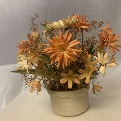 Vintage fall floral arrangement in ceramic pot orange &cream artificial flowers,