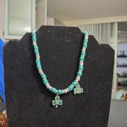 St. Patrick's Day Themed Beaded 15" Choker Necklace W/Faceted Glass Beads & Silvertone Spacers-2 Charms A Shamrock & One Says "Irish"
