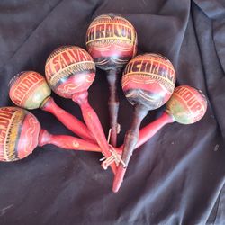 Vintage 6 Handcarved & Handpainted Souvenirs Maracas