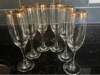Six (6) - Circleware "Classique" Champagne Glasses / Gold Encrusted