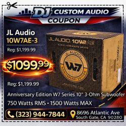 JL Audio W7 Bass Speaker Anniversary Edition 10" 10W7AE Subwoofer 3-Ohm 1500 Watts W7AE 🚨 Payment Options Available 🚨 No Credit Needed 🚨 