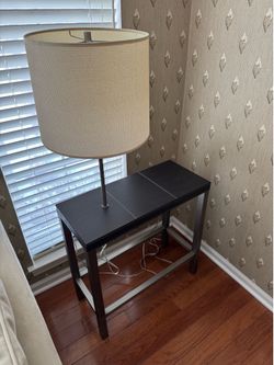 Ethan Allen end table with built in lamp black leather with brushed metal base