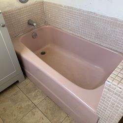 Vintage Pink Cast Iron Bathtub, Original Porcelain, 60"