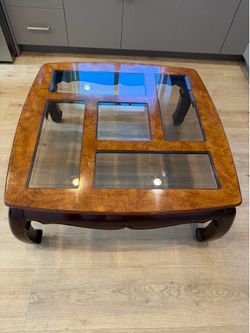 Burl walnut Wood and glass Panel Coffee Table 38” square