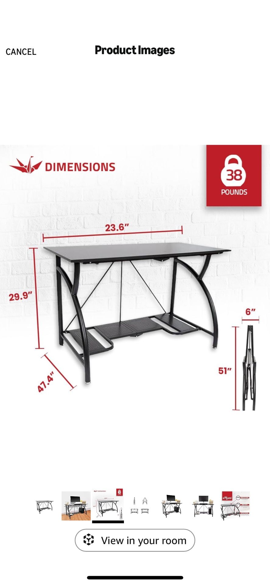 Origami Large Foldable Two-Shelf Desk, Sturdy Steel-Frame Laptop Computer Table, Black