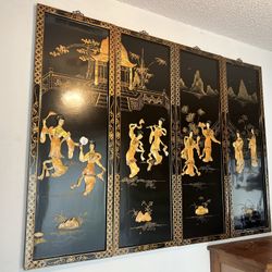Panel Wall Hangings, Oriental Shell Art, Black Lacquer, Home Decor, Wall Art, Mother of Pearl Shells