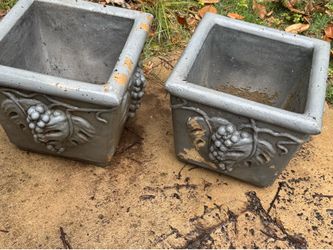 Midcentury industrial cast grape motif concrete planter pair