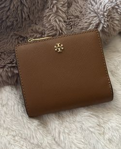 Tory Burch Womens Saffiano Leather Emerson Zip Around Mini Wallet “Moose”