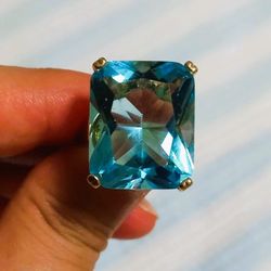 Huge Square Rhinestone Sea Blue Emerald Cut Ring - Size 6