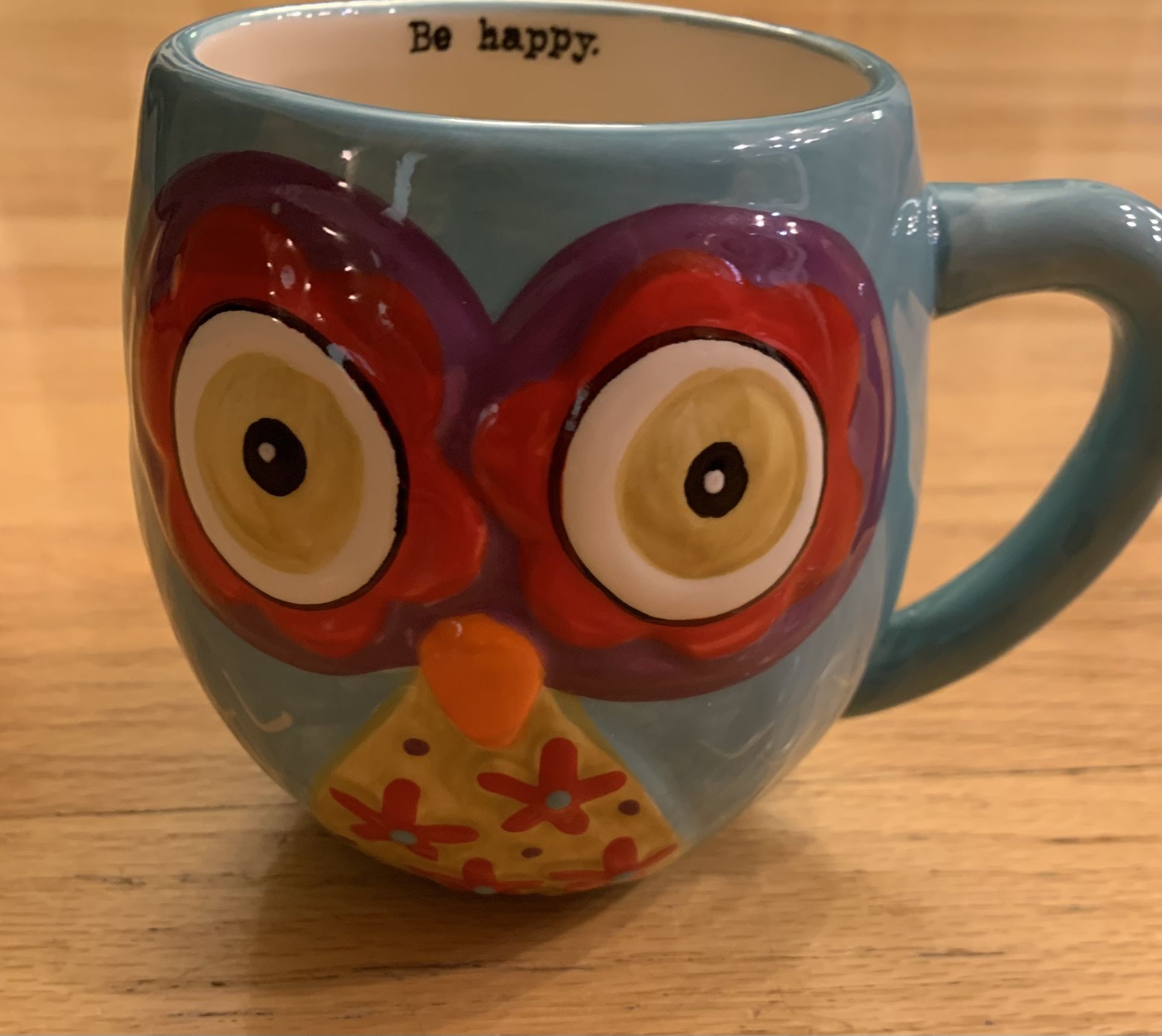 Natural Life Owl Coffee Tea Mug Be Happy Large Ceramic Embossed Owl