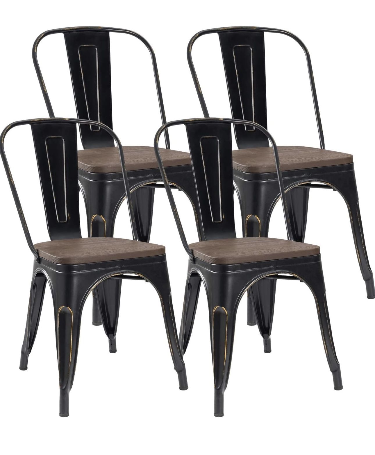Metal Dining Chairs w/Wooden Seat, Classic Chic Bar Chairs, Trattoria Bistro Cafe Shop Stackable Side Chairs, Set of 4 Stools