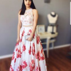 Coral Print Crop Top Prom Dress