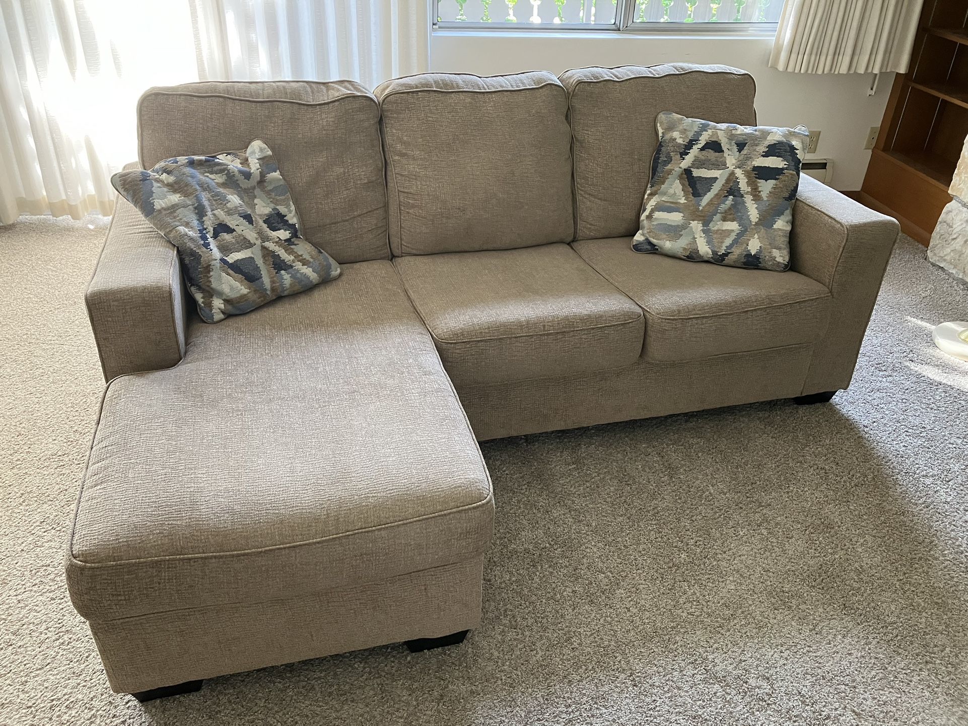 Sofa, Beige, Movable Chaise, Pillows Included, HxDxL 36”x38”x84” Chaise Makes D 62”