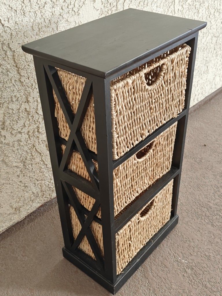 Black Wood Storage Dresser With 3 Basket Drawers