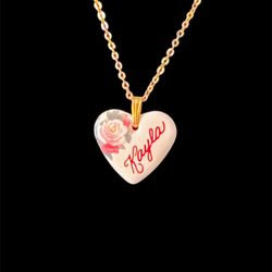 Vintage Kayla Porcelain Heart Rose Name Pendant Necklace 16"