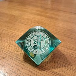 Etched Heavy Glass Geometric Paperweight With Pyramid And Aztec Calender Tinted In An Attractive Blue In Near Mint Condition 