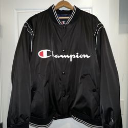 Champion Unisex Black Satin Varsity Bomber Jacket With Iconic Champion Script Logo Across The Chest | Size XXL