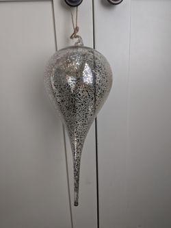 Pottery Barn large silver/gold ornaments with twine top
